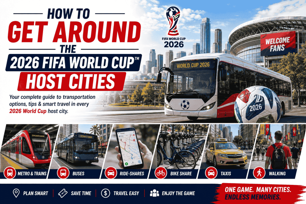 Transportation guide for the 2026 FIFA World Cup host cities featuring buses, trains, ride-sharing, taxis, bike-sharing, and stadium travel tips.