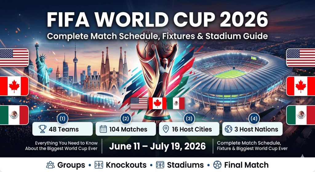 A vibrant, information-packed featured image for the FIFA World Cup 2026. The graphic displays prominent text for the match schedule, key highlights like 48 teams and 104 matches, the tournament dates, a central World Cup trophy, flags of the USA, Canada, and Mexico, and a composite background featuring iconic city landmarks and a modern stadium.