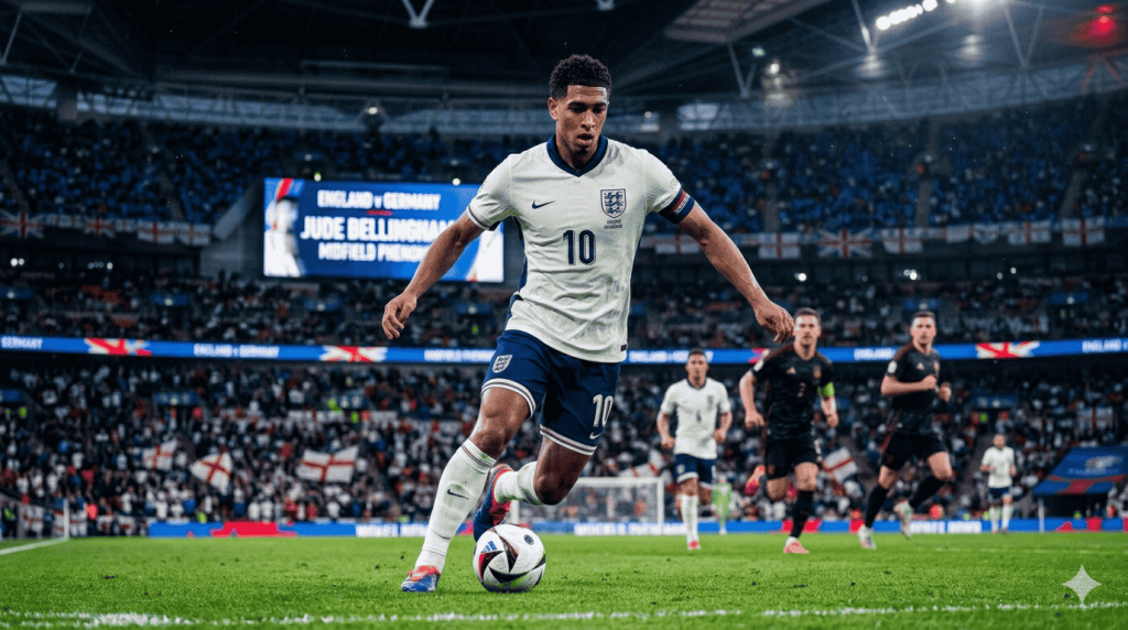 An action shot from a low angle of Jude Bellingham (number 10, England) driving forward with the soccer ball on the pitch at Wembley Stadium during an England vs. Germany match, with a packed crowd and the jumbotron clearly displaying the match info and his title.