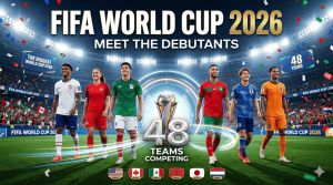 An informational graphic for FIFA World Cup 2026 titled "MEET THE DEBUTANTS." Six professional soccer players representing different nations (including USA, Canada, Mexico, Morocco, Japan, and the Netherlands) walk forward onto a bright green pitch. A central silver trophy emblem reads "48 TEAMS COMPETING," flanked by national flags with "DEBUT" tags beneath them.