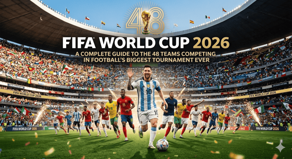 A dynamic, high-angle promotional photograph of a colossal, packed soccer stadium, featuring star players from numerous qualified nations running onto a lush pitch. Massive gold text at the top reads 'FIFA WORLD CUP 2026', with a '48' and trophy graphic. Below, it reads 'A COMPLETE GUIDE TO THE 48 TEAMS COMPETING IN FOOTBALL'S BIGGEST TOURNAMENT EVER'. A sea of diverse national flags fills the stands. The perimeter LED boards also display the event name and guide information in multiple languages.