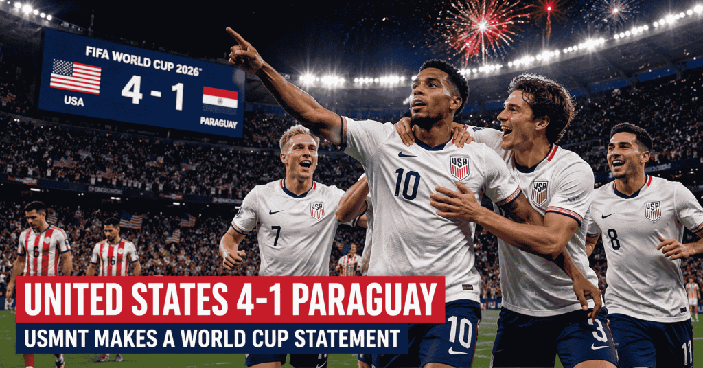 United States players celebrate a 4-1 victory over Paraguay during a FIFA World Cup 2026 Group D match.