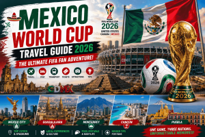 Mexico World Cup Travel Guide 2026 featuring Mexico City, Guadalajara, Monterrey, iconic landmarks, football stadiums, and FIFA World Cup travel tips for international fans.