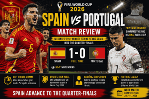Spain vs Portugal Match Review showing Mikel Merino celebrating the winning goal during the FIFA World Cup 2026 Round of 16 while Cristiano Ronaldo reacts after Portugal's defeat.