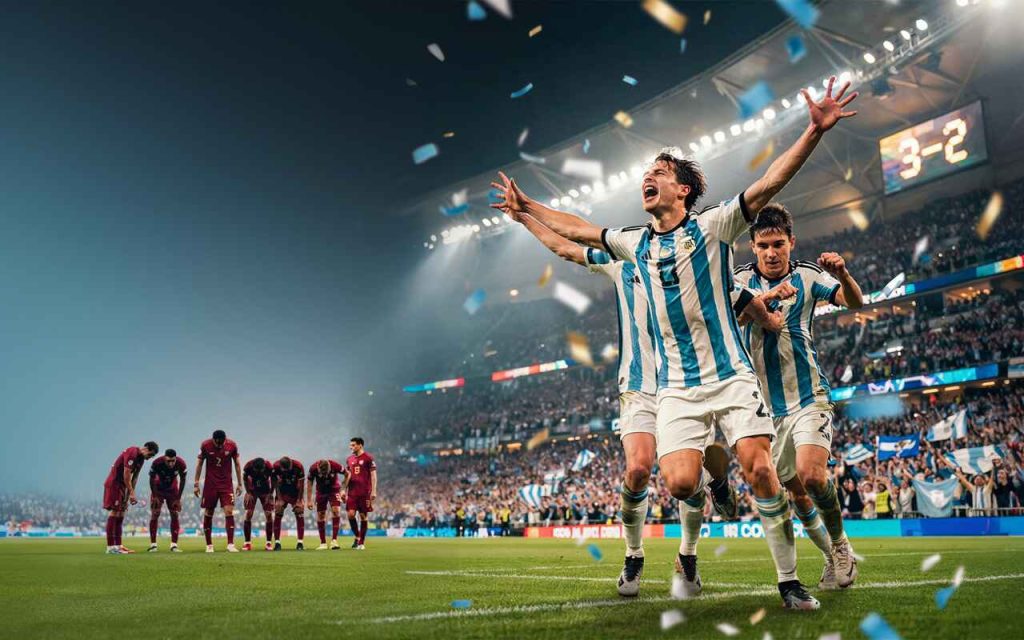 Argentina vs Egypt Match Review featuring Lionel Messi celebrating during Argentina's dramatic 3-2 comeback victory in the FIFA World Cup 2026 Round of 16.