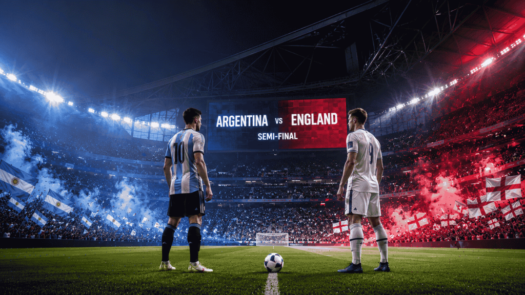 Argentina vs England Match Prediction feature image showing symbolic footballers representing Argentina and England before the FIFA World Cup 2026 semi-final at Atlanta Stadium.