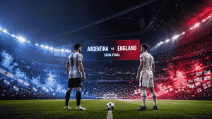 Argentina vs England Match Prediction feature image showing symbolic footballers representing Argentina and England before the FIFA World Cup 2026 semi-final at Atlanta Stadium.